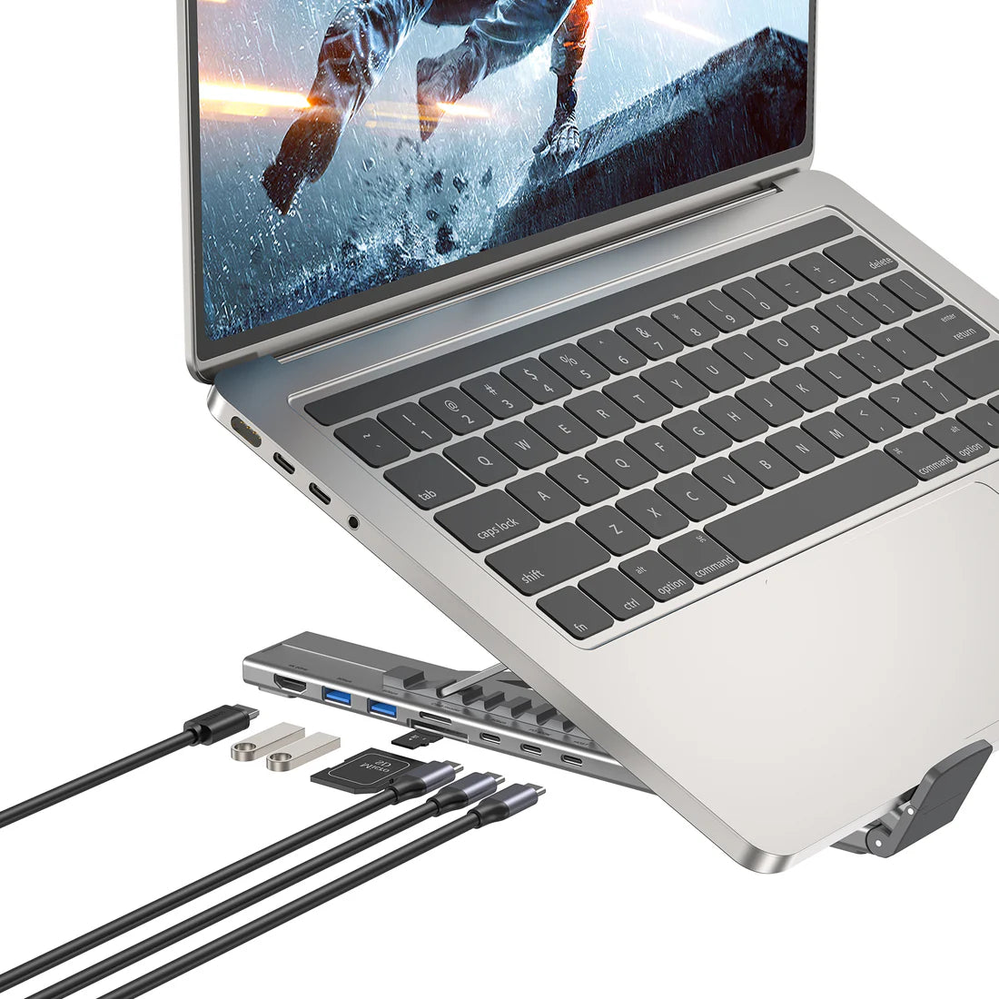 UNITEK D1137AGY01 Foldable Laptop Stand + 7-in-1 Docking Station – 100W PD, 4K@60Hz HDMI, USB-C & USB-A 5Gbps, SD/TF Reader, Aluminum Foldable Design