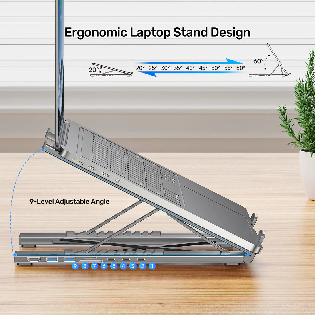 UNITEK D1137AGY01 Foldable Laptop Stand + 7-in-1 Docking Station – 100W PD, 4K@60Hz HDMI, USB-C & USB-A 5Gbps, SD/TF Reader, Aluminum Foldable Design