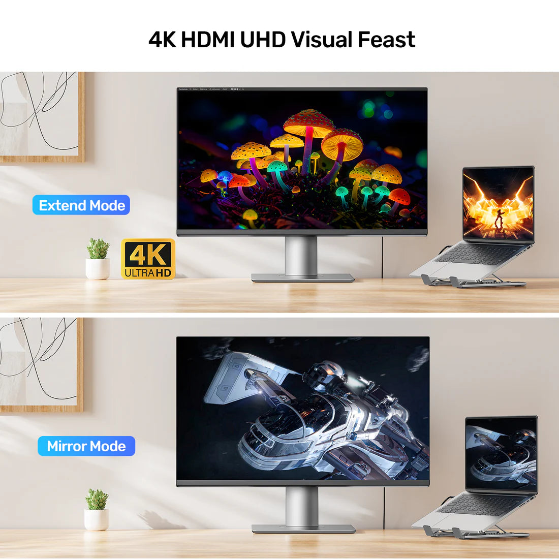 UNITEK D1137AGY01 Foldable Laptop Stand + 7-in-1 Docking Station – 100W PD, 4K@60Hz HDMI, USB-C & USB-A 5Gbps, SD/TF Reader, Aluminum Foldable Design