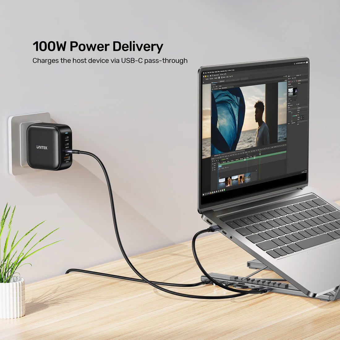 UNITEK D1137AGY01 Foldable Laptop Stand + 7-in-1 Docking Station – 100W PD, 4K@60Hz HDMI, USB-C & USB-A 5Gbps, SD/TF Reader, Aluminum Foldable Design