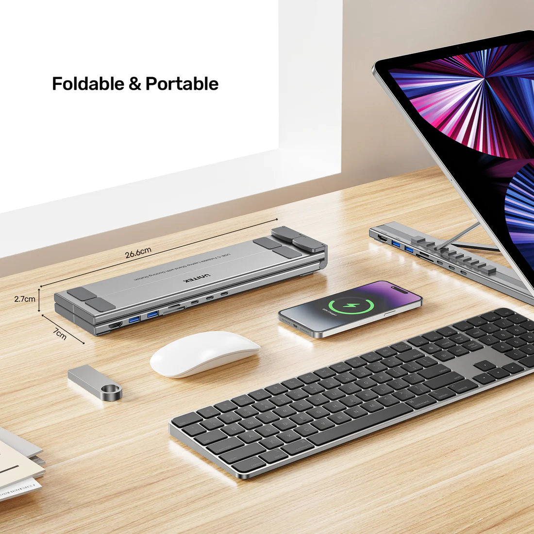 UNITEK D1137AGY01 Foldable Laptop Stand + 7-in-1 Docking Station – 100W PD, 4K@60Hz HDMI, USB-C & USB-A 5Gbps, SD/TF Reader, Aluminum Foldable Design