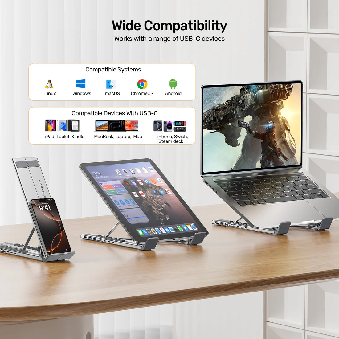 UNITEK D1137AGY01 Foldable Laptop Stand + 7-in-1 Docking Station – 100W PD, 4K@60Hz HDMI, USB-C & USB-A 5Gbps, SD/TF Reader, Aluminum Foldable Design