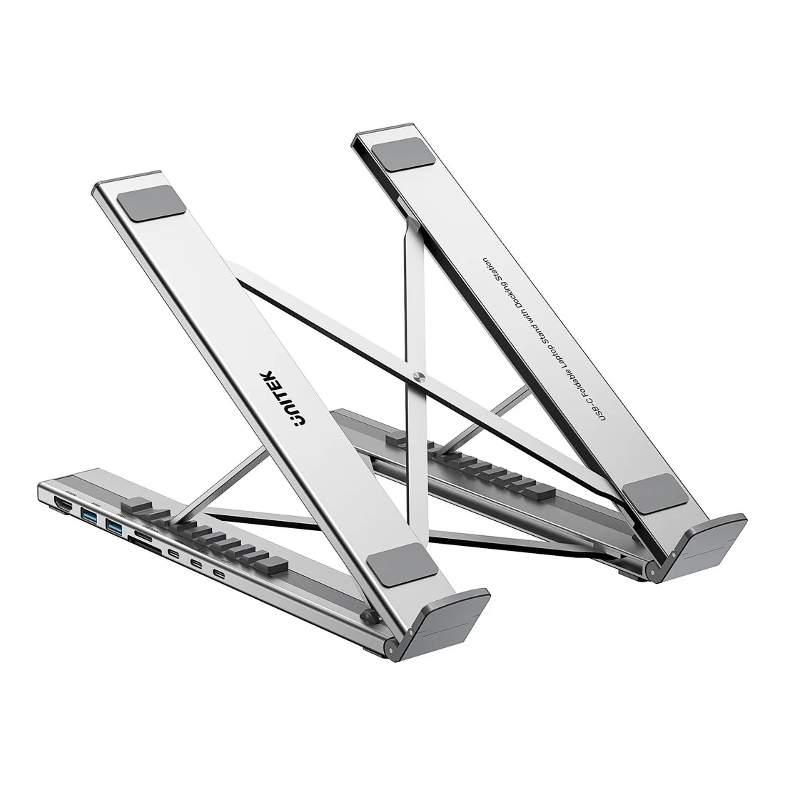 UNITEK D1137AGY01 Foldable Laptop Stand + 7-in-1 Docking Station – 100W PD, 4K@60Hz HDMI, USB-C & USB-A 5Gbps, SD/TF Reader, Aluminum Foldable Design