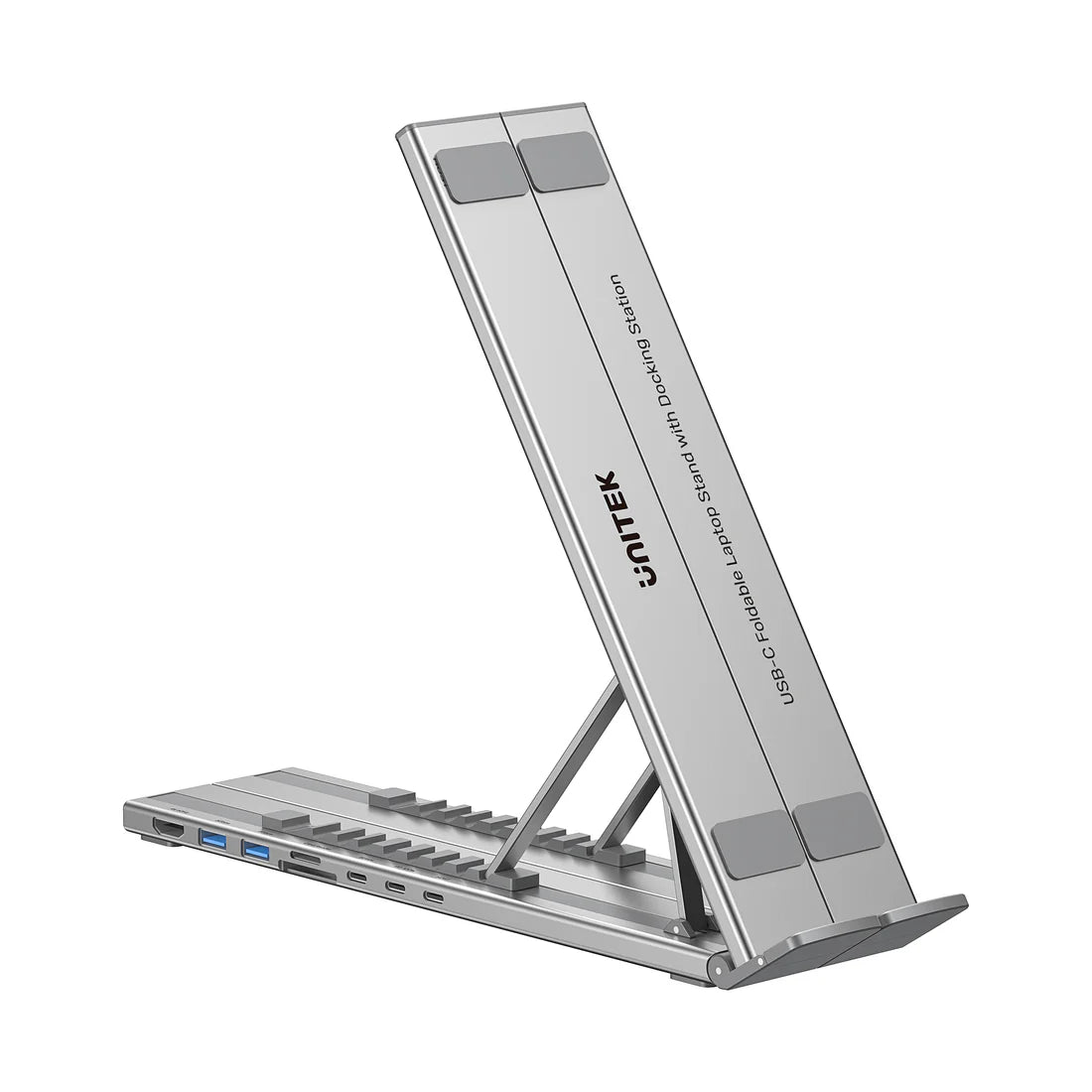 UNITEK D1137AGY01 Foldable Laptop Stand + 7-in-1 Docking Station – 100W PD, 4K@60Hz HDMI, USB-C & USB-A 5Gbps, SD/TF Reader, Aluminum Foldable Design