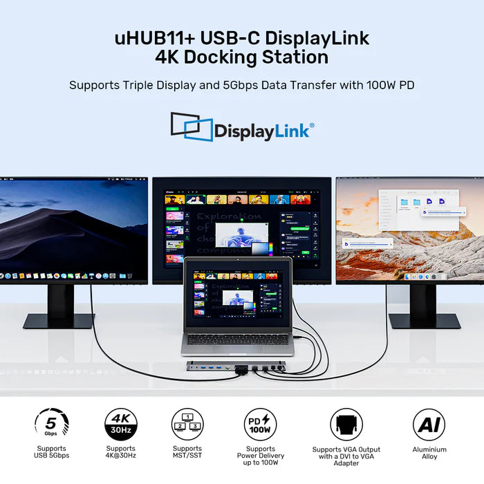 UNITEK UHub11 USB-C DisplayLink 4K Docking Station — Dual 4K Display Support, USB Ports, Ethernet LAN, 100W Power Delivery, SD/TF Card Reader