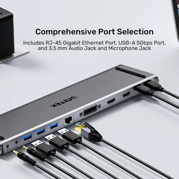 UNITEK UHub11 USB-C DisplayLink 4K Docking Station — Dual 4K Display Support, USB Ports, Ethernet LAN, 100W Power Delivery, SD/TF Card Reader