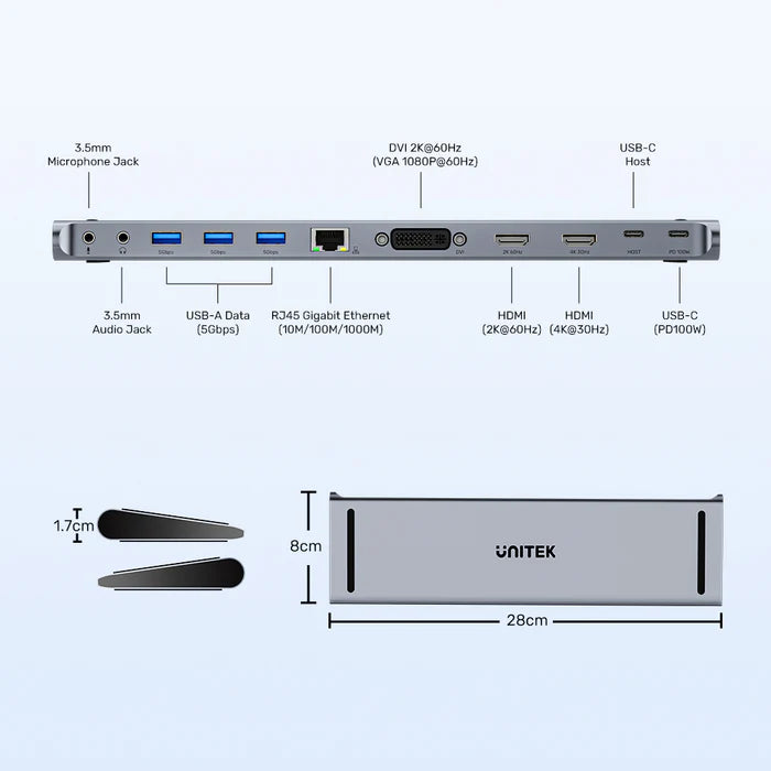 UNITEK UHub11 USB-C DisplayLink 4K Docking Station — Dual 4K Display Support, USB Ports, Ethernet LAN, 100W Power Delivery, SD/TF Card Reader