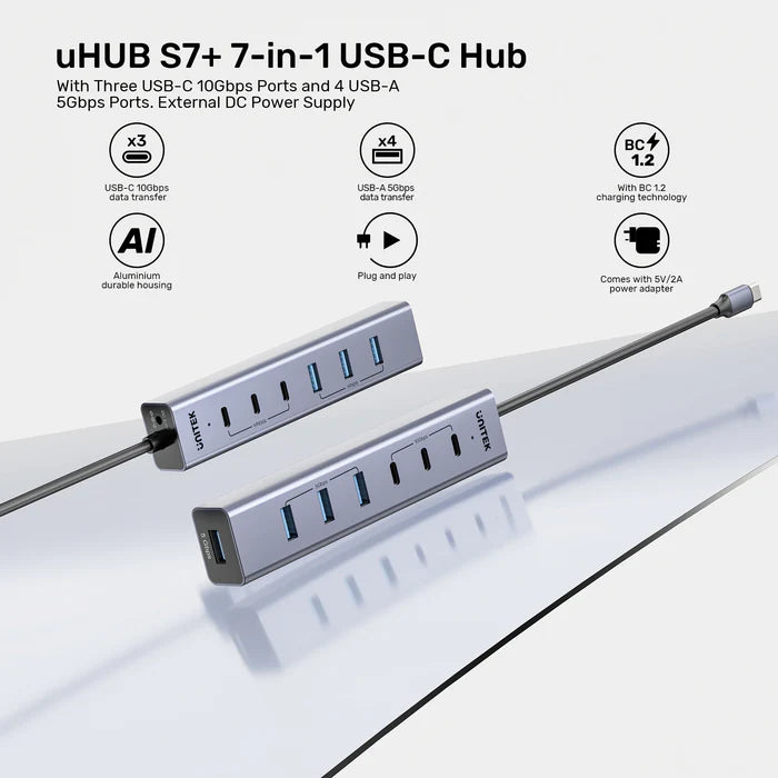 يونيتك يوهاب S7 محور USB-C متعدد الوظائف 7 في 1 — منفذ HDMI بدقة 4K، منافذ USB-A، قارئ بطاقات SD/TF، إيثرنت، محول شحن PD