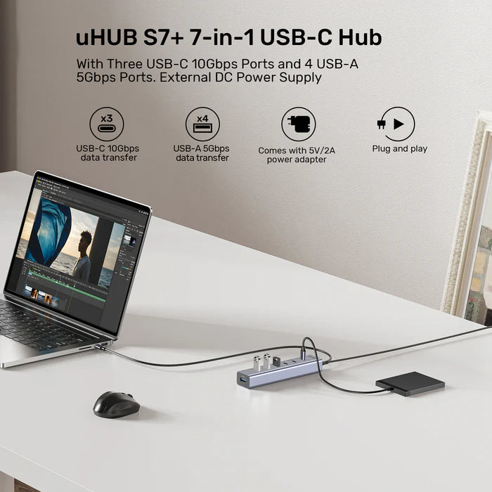 يونيتك يوهاب S7 محور USB-C متعدد الوظائف 7 في 1 — منفذ HDMI بدقة 4K، منافذ USB-A، قارئ بطاقات SD/TF، إيثرنت، محول شحن PD