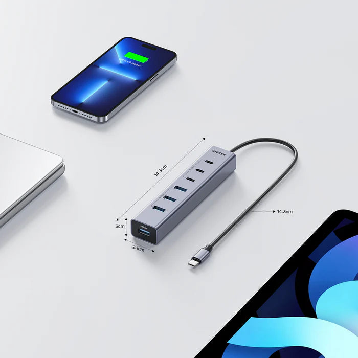يونيتك يوهاب S7 محور USB-C متعدد الوظائف 7 في 1 — منفذ HDMI بدقة 4K، منافذ USB-A، قارئ بطاقات SD/TF، إيثرنت، محول شحن PD