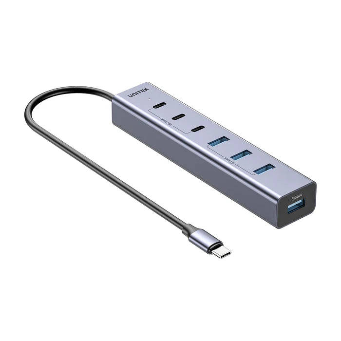 يونيتك يوهاب S7 محور USB-C متعدد الوظائف 7 في 1 — منفذ HDMI بدقة 4K، منافذ USB-A، قارئ بطاقات SD/TF، إيثرنت، محول شحن PD