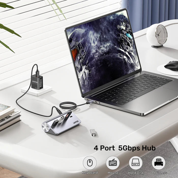 موزع USB-C من UNITEK uHUB Q4 4 في 1، موزع نقل بيانات USB بسرعة 10 جيجابت في الثانية بجسم من الألمنيوم، توصيل وتشغيل لتوسيع USB لنظامي ويندوز وماك أو إس