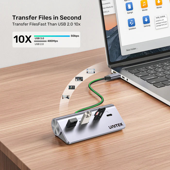 موزع USB-C من UNITEK uHUB Q4 4 في 1، موزع نقل بيانات USB بسرعة 10 جيجابت في الثانية بجسم من الألمنيوم، توصيل وتشغيل لتوسيع USB لنظامي ويندوز وماك أو إس