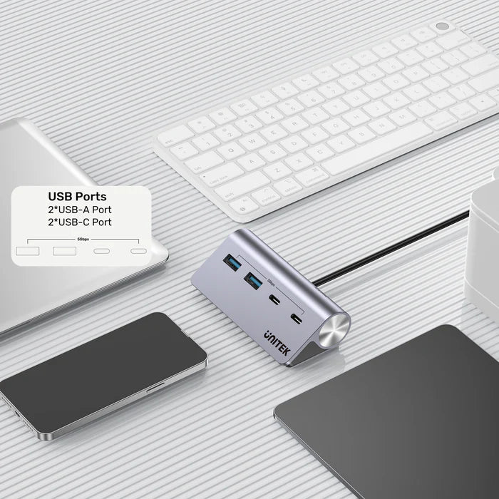 موزع USB-C من UNITEK uHUB Q4 4 في 1، موزع نقل بيانات USB بسرعة 10 جيجابت في الثانية بجسم من الألمنيوم، توصيل وتشغيل لتوسيع USB لنظامي ويندوز وماك أو إس