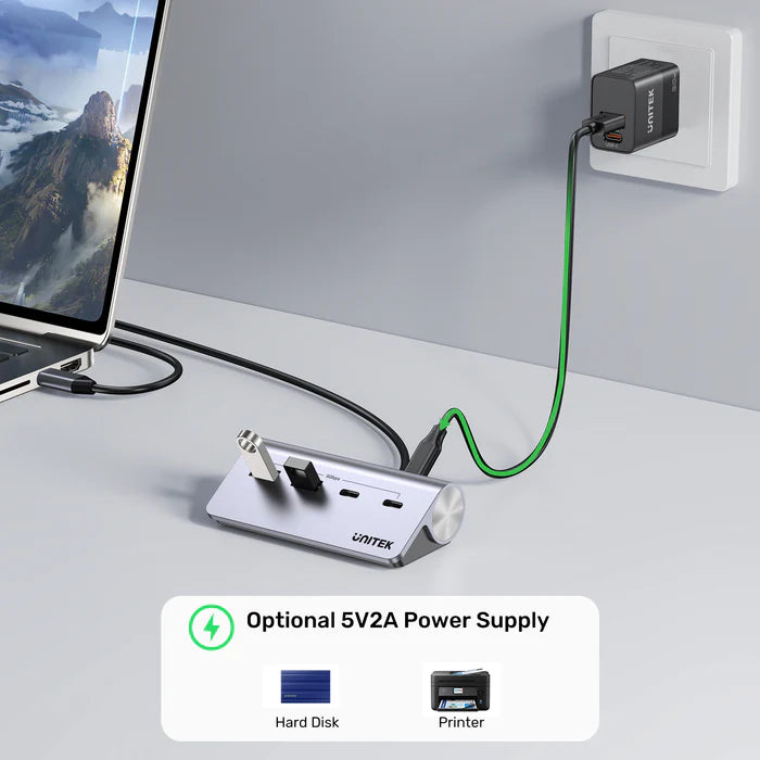 موزع USB-C من UNITEK uHUB Q4 4 في 1، موزع نقل بيانات USB بسرعة 10 جيجابت في الثانية بجسم من الألمنيوم، توصيل وتشغيل لتوسيع USB لنظامي ويندوز وماك أو إس