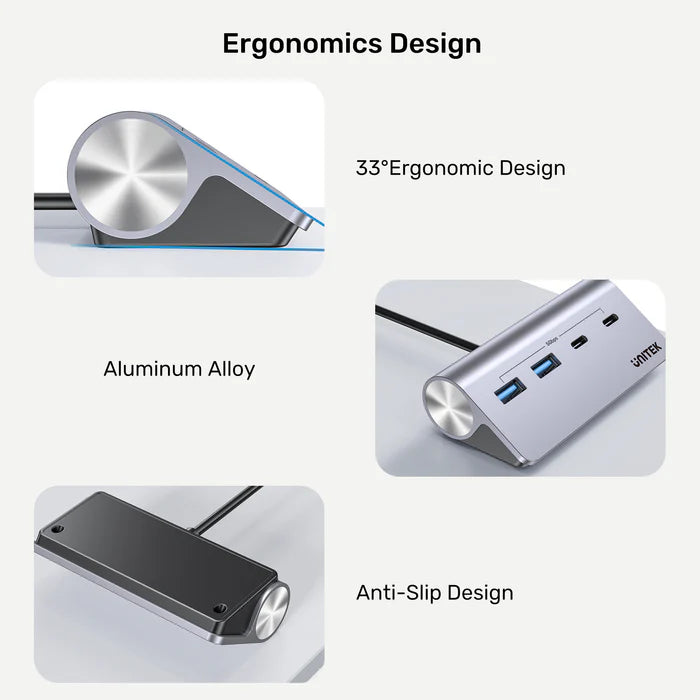 موزع USB-C من UNITEK uHUB Q4 4 في 1، موزع نقل بيانات USB بسرعة 10 جيجابت في الثانية بجسم من الألمنيوم، توصيل وتشغيل لتوسيع USB لنظامي ويندوز وماك أو إس