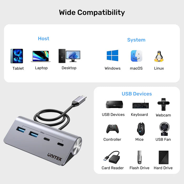 موزع USB-C من UNITEK uHUB Q4 4 في 1، موزع نقل بيانات USB بسرعة 10 جيجابت في الثانية بجسم من الألمنيوم، توصيل وتشغيل لتوسيع USB لنظامي ويندوز وماك أو إس