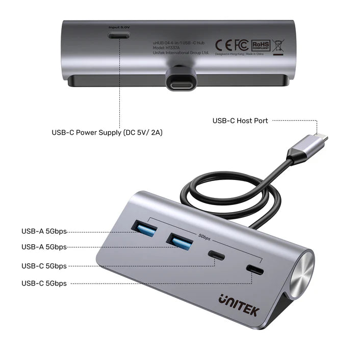 موزع USB-C من UNITEK uHUB Q4 4 في 1، موزع نقل بيانات USB بسرعة 10 جيجابت في الثانية بجسم من الألمنيوم، توصيل وتشغيل لتوسيع USB لنظامي ويندوز وماك أو إس