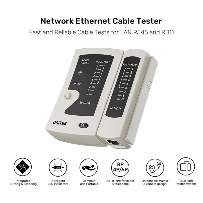 جهاز اختبار كابل إيثرنت من UNITEK، جهاز اختبار كابل LAN RJ45/RJ11 مع مؤشر LED، تخطيط الأسلاك وكشف الأعطال، أداة تشخيص شبكة محمولة