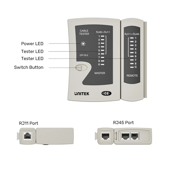 جهاز اختبار كابل إيثرنت من UNITEK، جهاز اختبار كابل LAN RJ45/RJ11 مع مؤشر LED، تخطيط الأسلاك وكشف الأعطال، أداة تشخيص شبكة محمولة