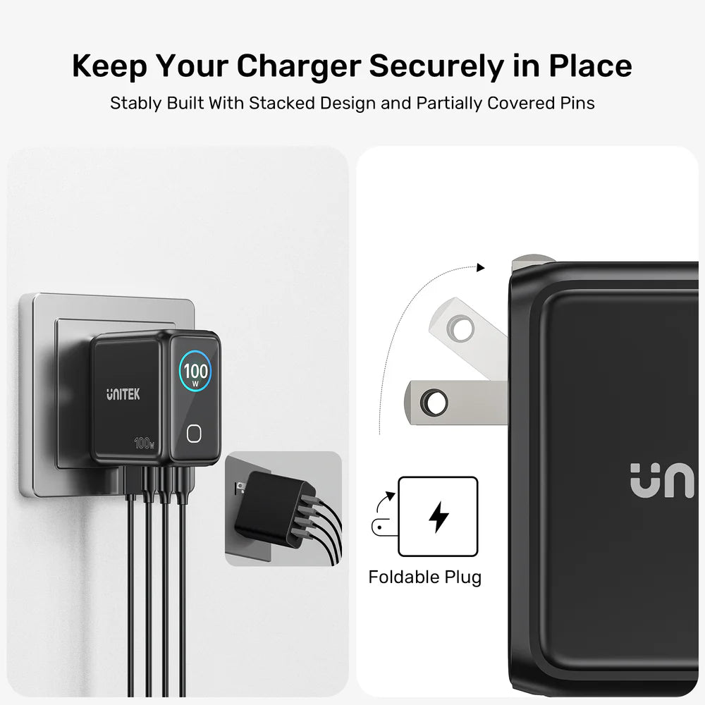 UNITEK Rexo 100W 4-Port GaN Charger with Smart Display – 3×USB-C, USB-A, PD 3.0, PPS, EU Plug