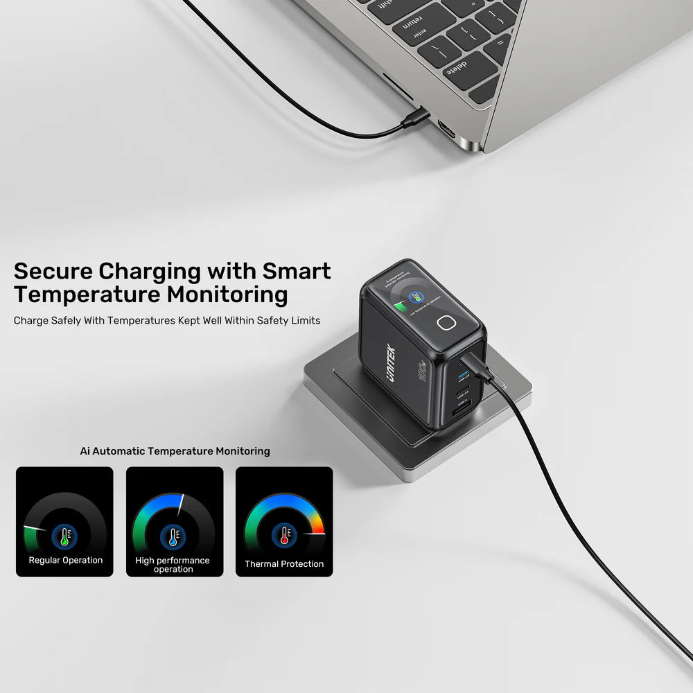 UNITEK Rexo 100W 4-Port GaN Charger with Smart Display – 3×USB-C, USB-A, PD 3.0, PPS, EU Plug