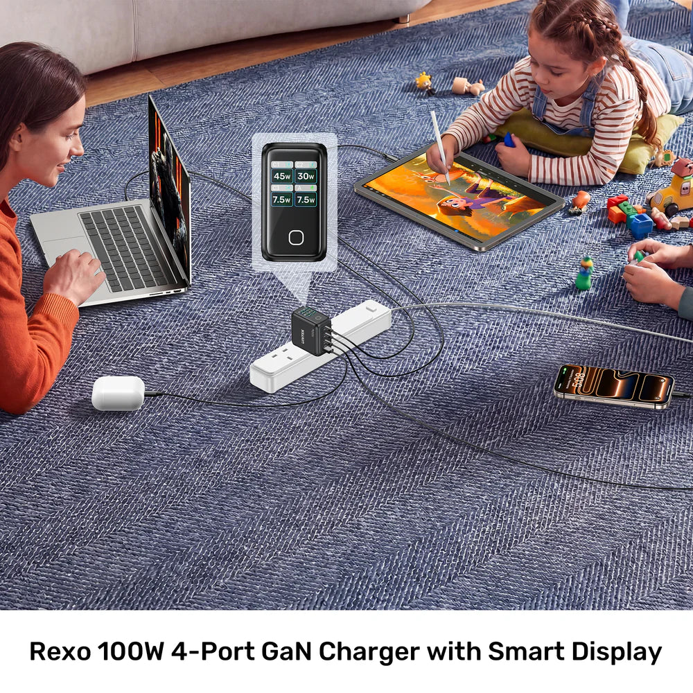 UNITEK Rexo 100W 4-Port GaN Charger with Smart Display – 3×USB-C, USB-A, PD 3.0, PPS, EU Plug