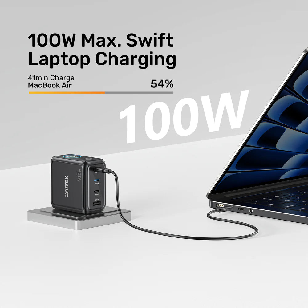 UNITEK Rexo 100W 4-Port GaN Charger with Smart Display – 3×USB-C, USB-A, PD 3.0, PPS, EU Plug