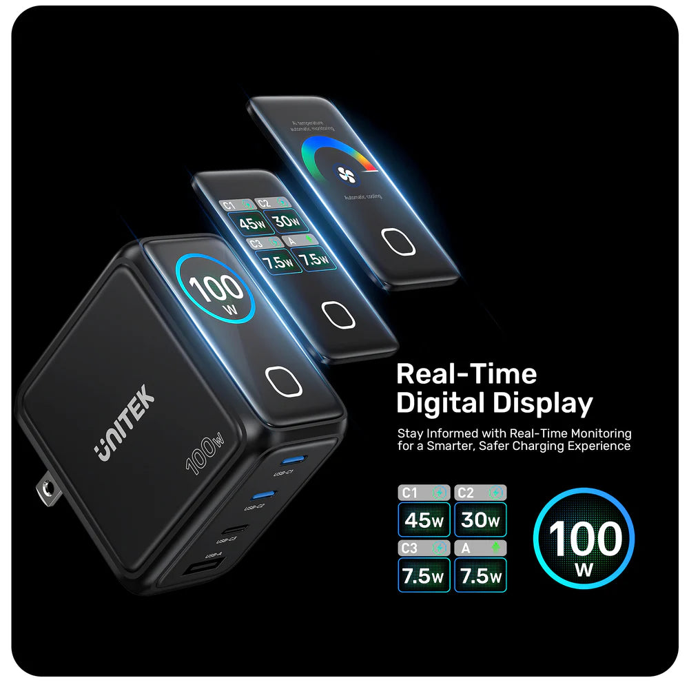 UNITEK Rexo 100W 4-Port GaN Charger with Smart Display – 3×USB-C, USB-A, PD 3.0, PPS, EU Plug