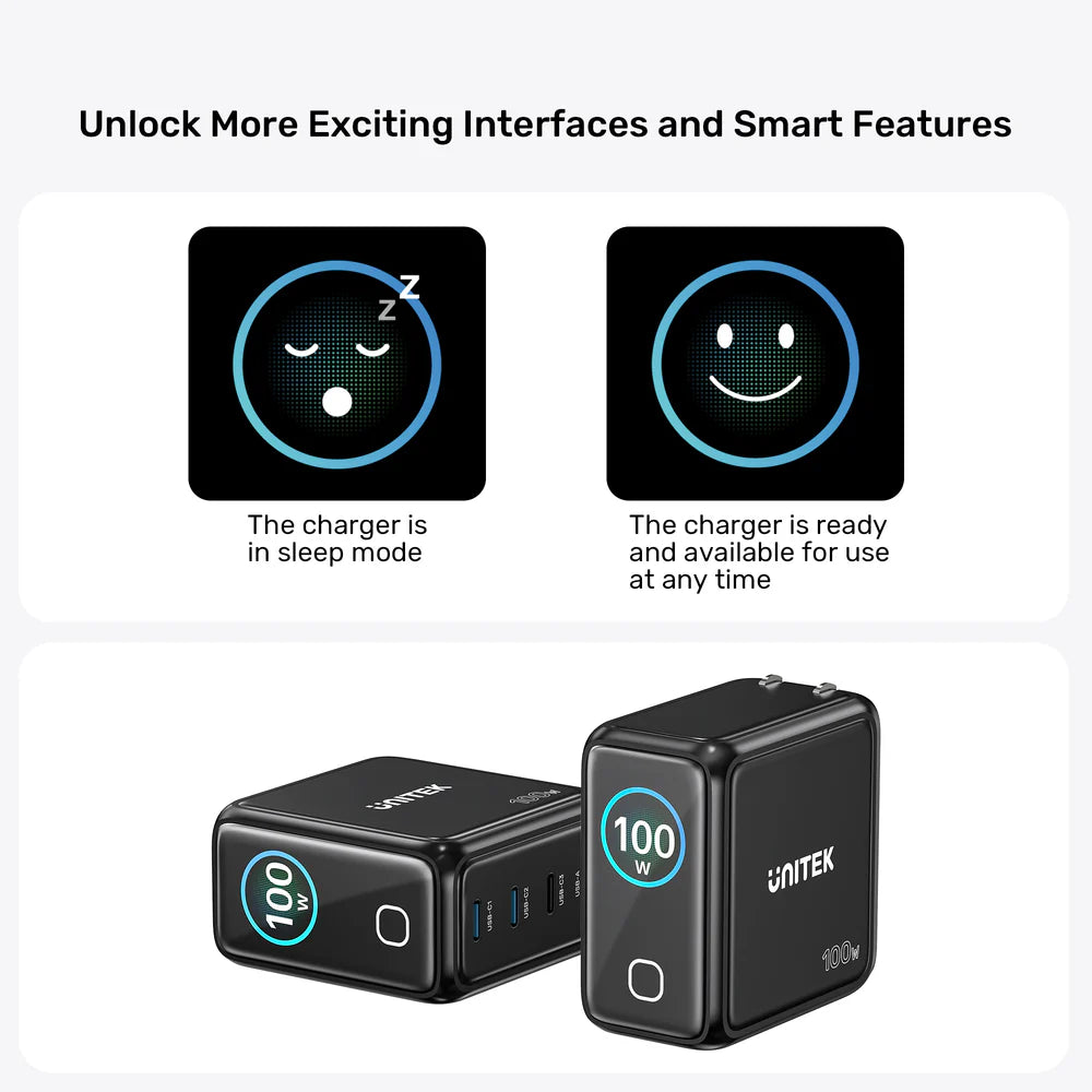 UNITEK Rexo 100W 4-Port GaN Charger with Smart Display – 3×USB-C, USB-A, PD 3.0, PPS, EU Plug