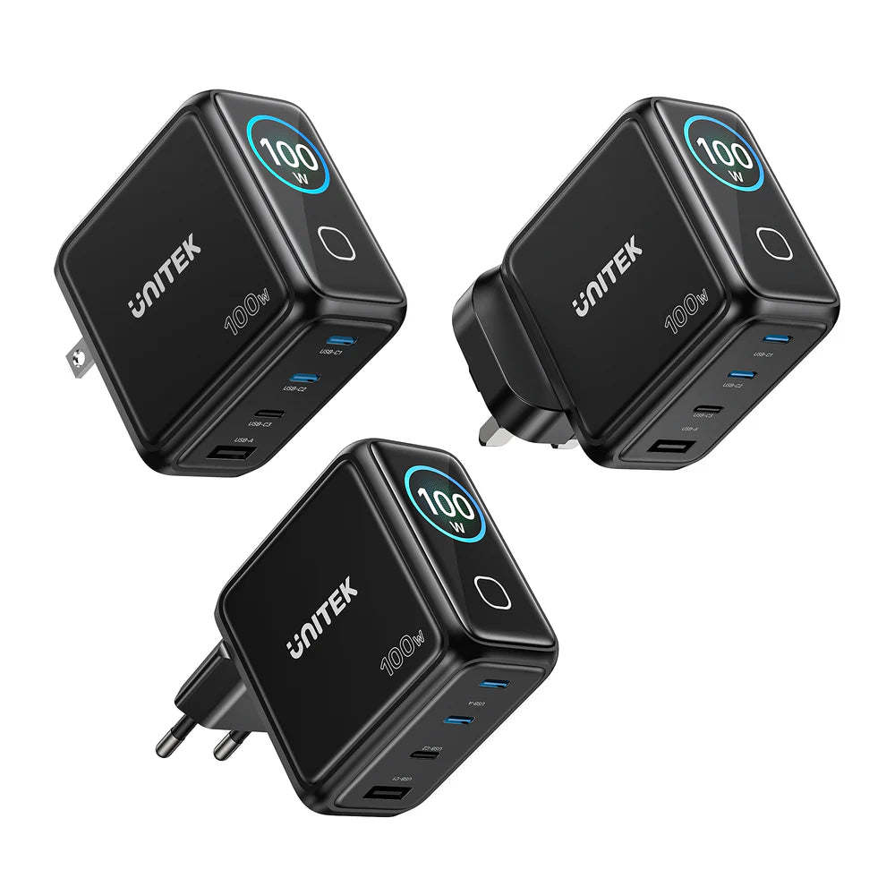 UNITEK Rexo 100W 4-Port GaN Charger with Smart Display – 3×USB-C, USB-A, PD 3.0, PPS, EU Plug