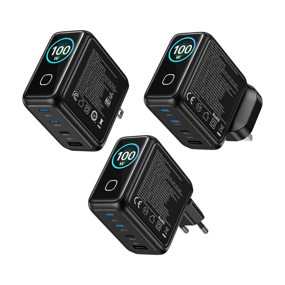 UNITEK Rexo 100W 4-Port GaN Charger with Smart Display – 3×USB-C, USB-A, PD 3.0, PPS, EU Plug