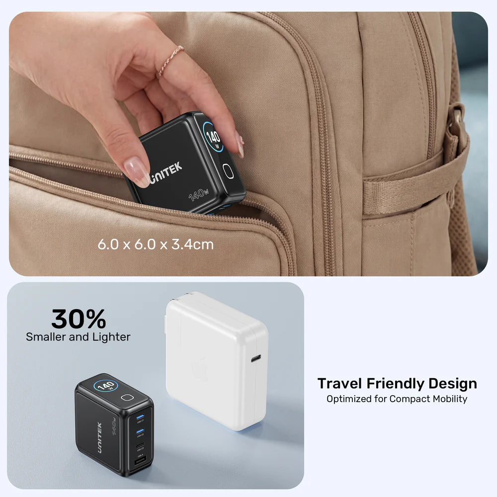 شاحن UNITEK REXO 140 واط GaN – شاحن سريع بأربعة منافذ USB-C/USB-A مع شاشة ذكية، دعم PD 3.1 وQC