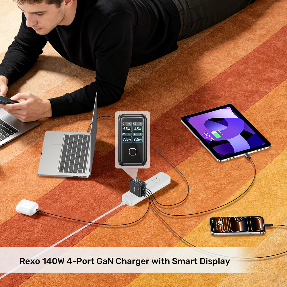 شاحن UNITEK REXO 140 واط GaN – شاحن سريع بأربعة منافذ USB-C/USB-A مع شاشة ذكية، دعم PD 3.1 وQC