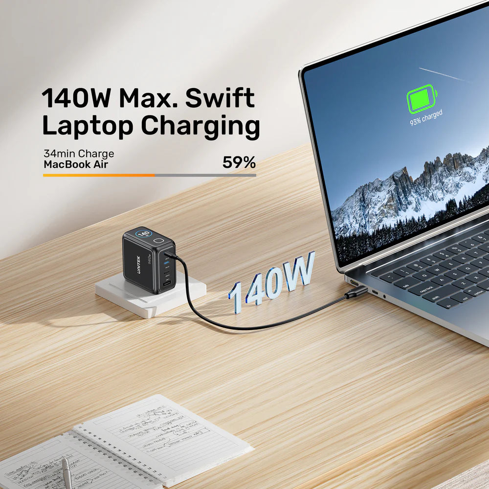 شاحن UNITEK REXO 140 واط GaN – شاحن سريع بأربعة منافذ USB-C/USB-A مع شاشة ذكية، دعم PD 3.1 وQC