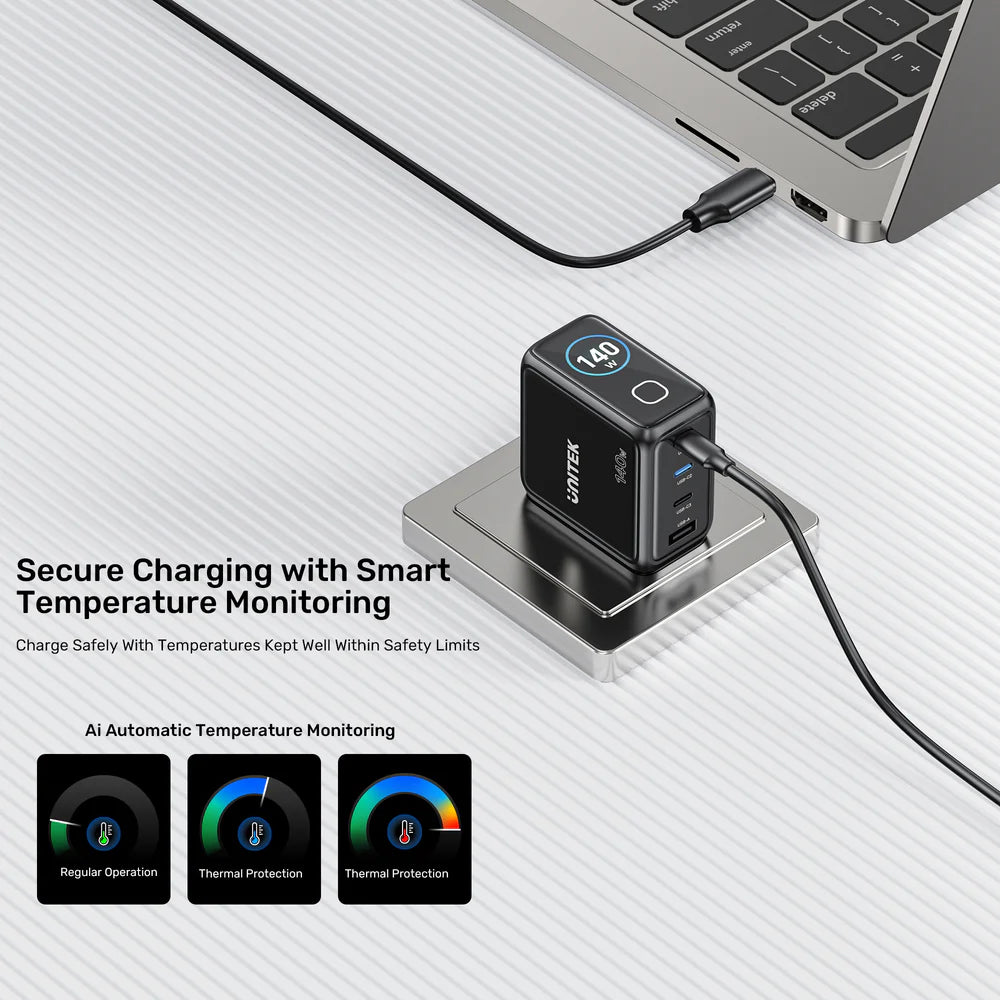 شاحن UNITEK REXO 140 واط GaN – شاحن سريع بأربعة منافذ USB-C/USB-A مع شاشة ذكية، دعم PD 3.1 وQC