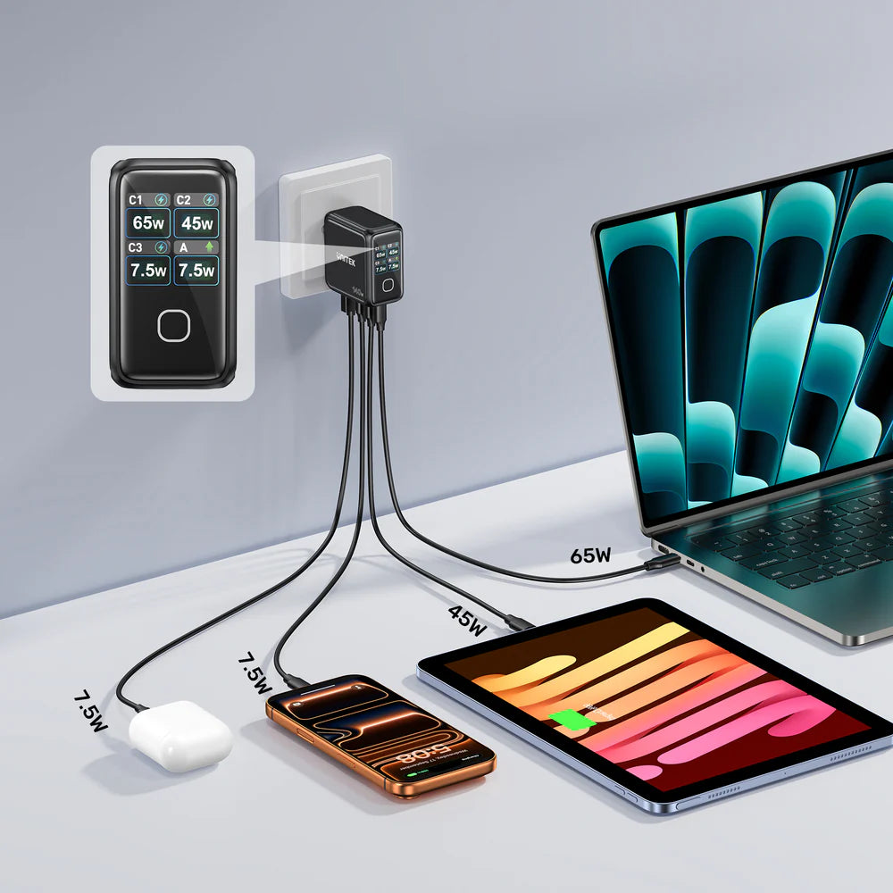 شاحن UNITEK REXO 140 واط GaN – شاحن سريع بأربعة منافذ USB-C/USB-A مع شاشة ذكية، دعم PD 3.1 وQC