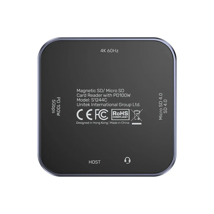 UNITEK Magnetic 6-in-1 SD/MicroSD Card Reader, UHS-II, USB-C 5Gbps, 100W PD Charging, 4K@60Hz HDMI, 3.5mm Audio, Magnetic Mount, Up to 2TB – Space Grey