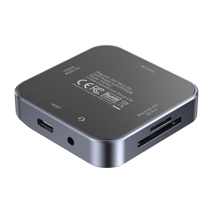 UNITEK Magnetic 6-in-1 SD/MicroSD Card Reader, UHS-II, USB-C 5Gbps, 100W PD Charging, 4K@60Hz HDMI, 3.5mm Audio, Magnetic Mount, Up to 2TB – Space Grey