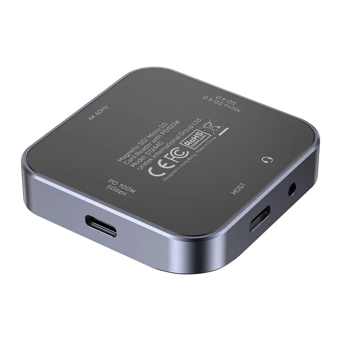 UNITEK Magnetic 6-in-1 SD/MicroSD Card Reader, UHS-II, USB-C 5Gbps, 100W PD Charging, 4K@60Hz HDMI, 3.5mm Audio, Magnetic Mount, Up to 2TB – Space Grey