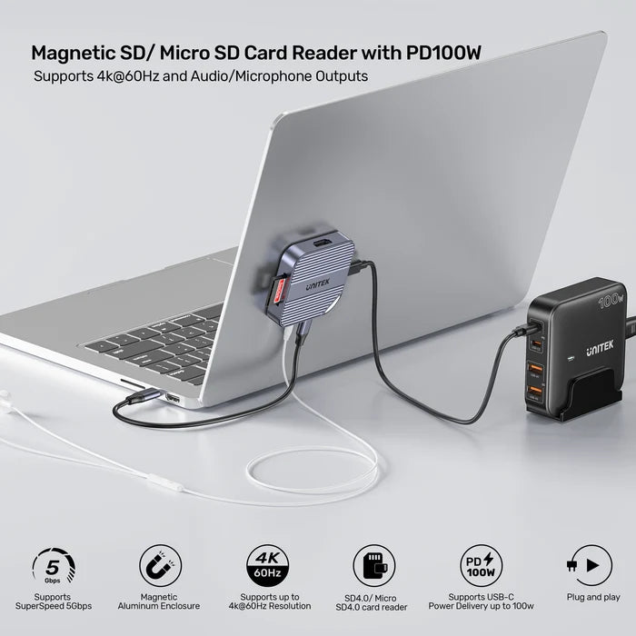 UNITEK Magnetic 6-in-1 SD/MicroSD Card Reader, UHS-II, USB-C 5Gbps, 100W PD Charging, 4K@60Hz HDMI, 3.5mm Audio, Magnetic Mount, Up to 2TB – Space Grey