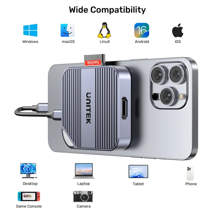 UNITEK Magnetic 6-in-1 SD/MicroSD Card Reader, UHS-II, USB-C 5Gbps, 100W PD Charging, 4K@60Hz HDMI, 3.5mm Audio, Magnetic Mount, Up to 2TB – Space Grey