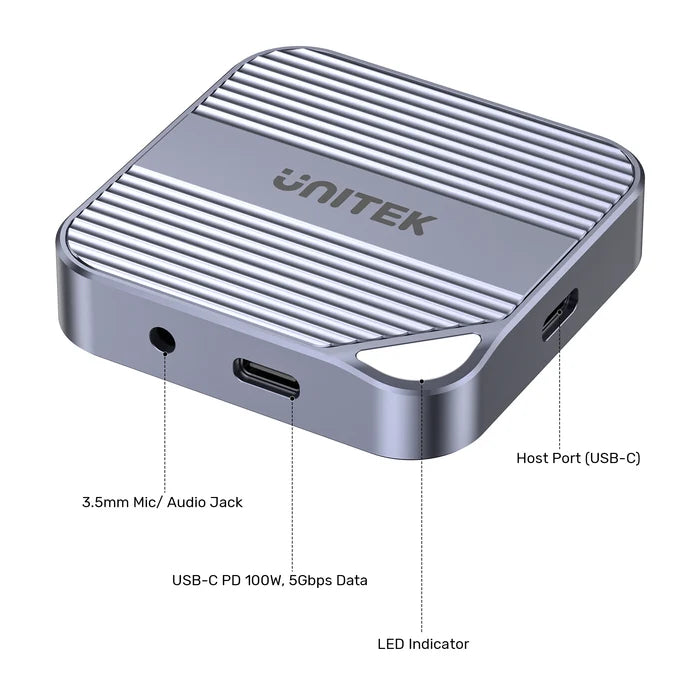 UNITEK Magnetic 6-in-1 SD/MicroSD Card Reader, UHS-II, USB-C 5Gbps, 100W PD Charging, 4K@60Hz HDMI, 3.5mm Audio, Magnetic Mount, Up to 2TB – Space Grey
