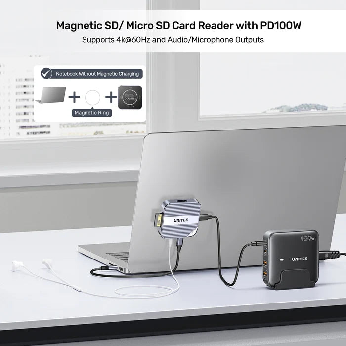 UNITEK Magnetic 6-in-1 SD/MicroSD Card Reader, UHS-II, USB-C 5Gbps, 100W PD Charging, 4K@60Hz HDMI, 3.5mm Audio, Magnetic Mount, Up to 2TB – Space Grey