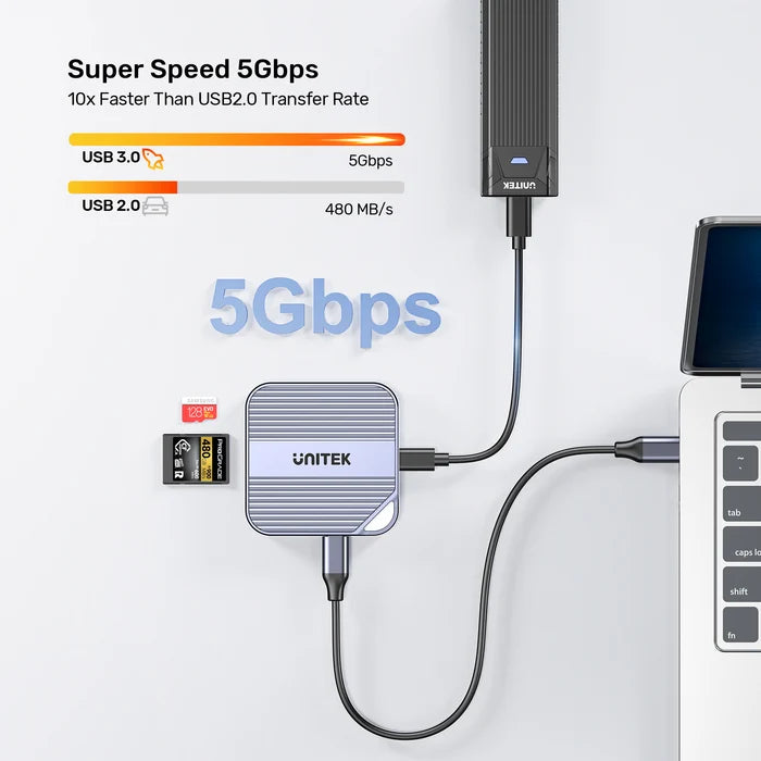 UNITEK Magnetic 6-in-1 SD/MicroSD Card Reader, UHS-II, USB-C 5Gbps, 100W PD Charging, 4K@60Hz HDMI, 3.5mm Audio, Magnetic Mount, Up to 2TB – Space Grey