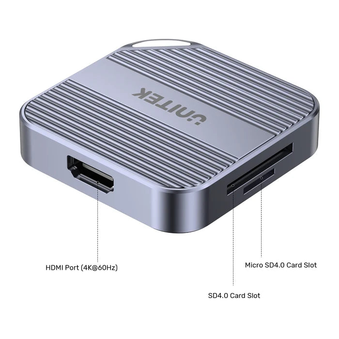 UNITEK Magnetic 6-in-1 SD/MicroSD Card Reader, UHS-II, USB-C 5Gbps, 100W PD Charging, 4K@60Hz HDMI, 3.5mm Audio, Magnetic Mount, Up to 2TB – Space Grey
