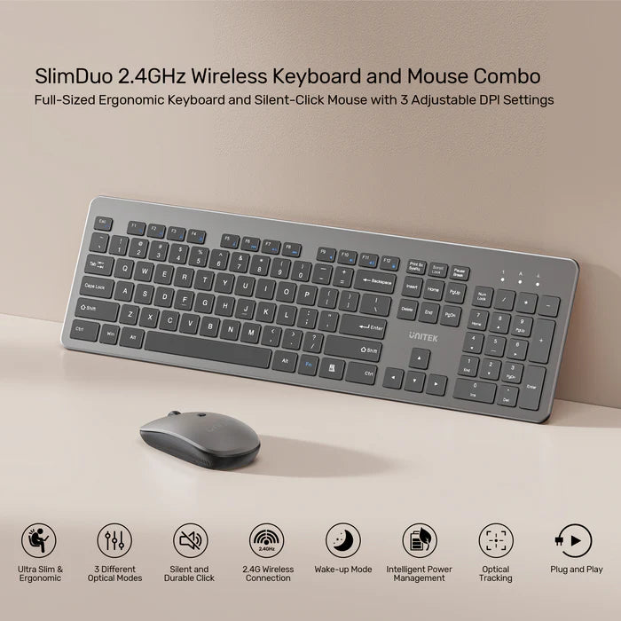 UNITEK SlimDuo Wireless Keyboard and Mouse Combo, 2.4GHz Full-Size Silent Keyboard & 1600 DPI Mouse, USB Plug & Play, Windows/Mac/Linux