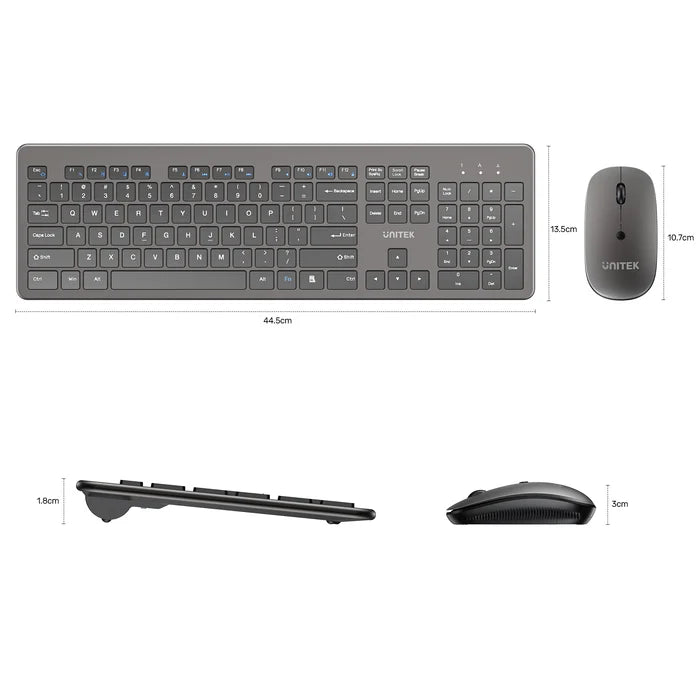 UNITEK SlimDuo Wireless Keyboard and Mouse Combo, 2.4GHz Full-Size Silent Keyboard & 1600 DPI Mouse, USB Plug & Play, Windows/Mac/Linux