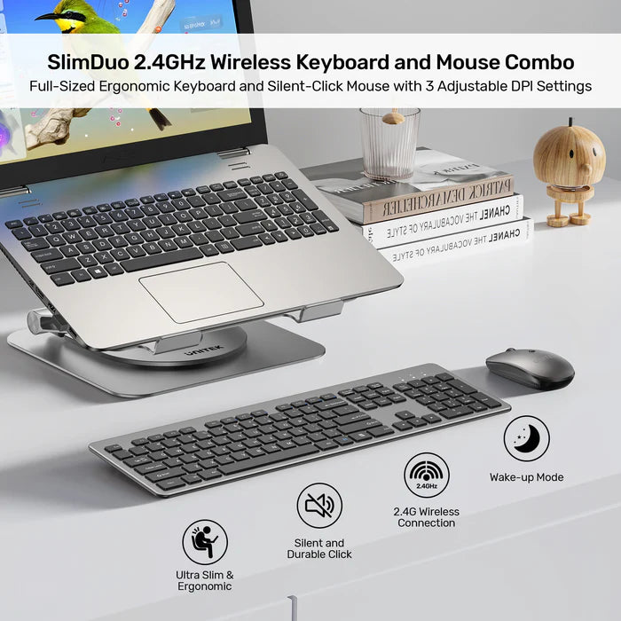 UNITEK SlimDuo Wireless Keyboard and Mouse Combo, 2.4GHz Full-Size Silent Keyboard & 1600 DPI Mouse, USB Plug & Play, Windows/Mac/Linux