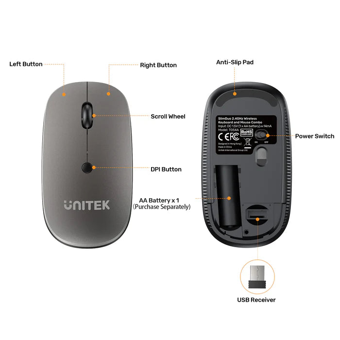 UNITEK SlimDuo Wireless Keyboard and Mouse Combo, 2.4GHz Full-Size Silent Keyboard & 1600 DPI Mouse, USB Plug & Play, Windows/Mac/Linux